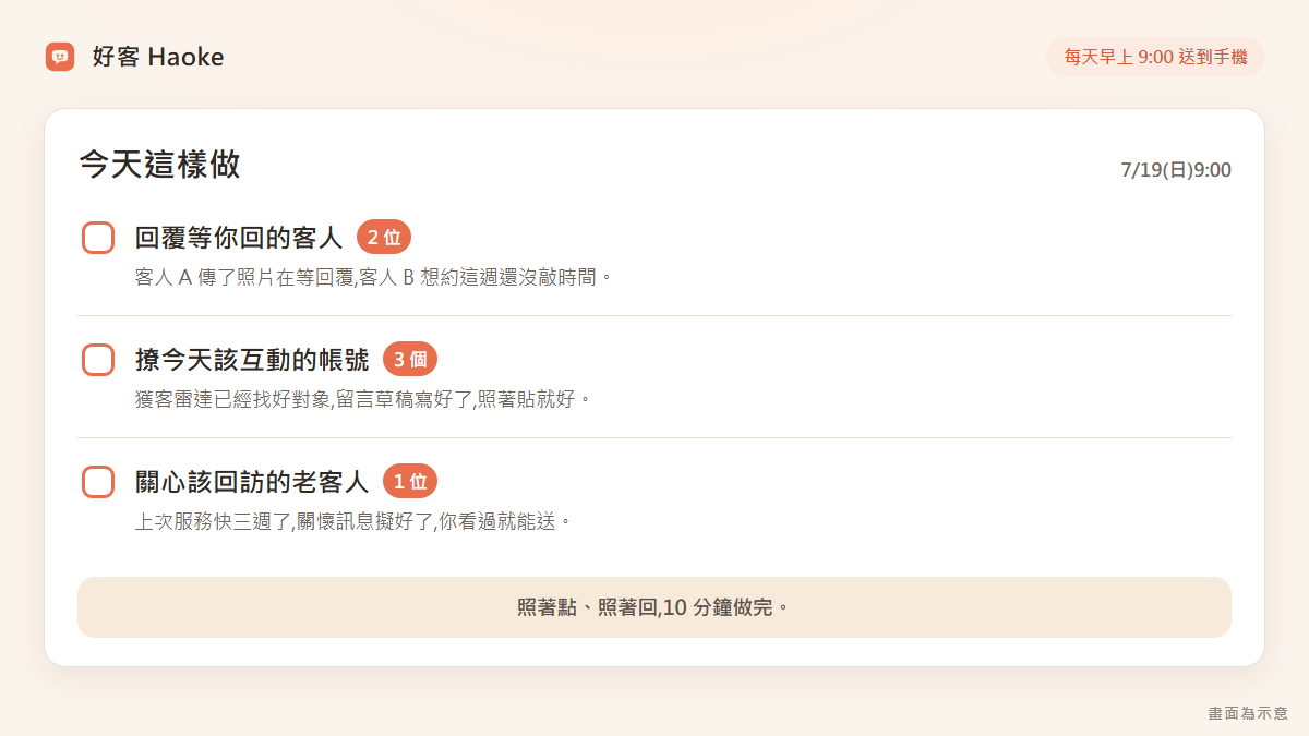 Demo 示意:每天早上 9:00 的今天這樣做清單,列出該回覆的客人、該互動的帳號、該回訪的老客人